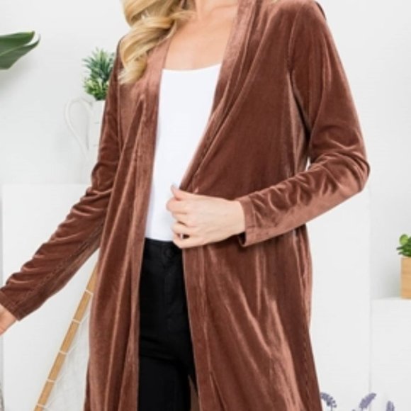 LONG VELVET BELTED DUSTER  brown - Picture 2 of 2
